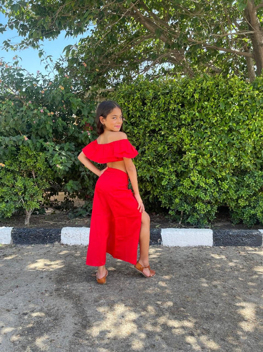 Red Off Shoulder Ruffle Set