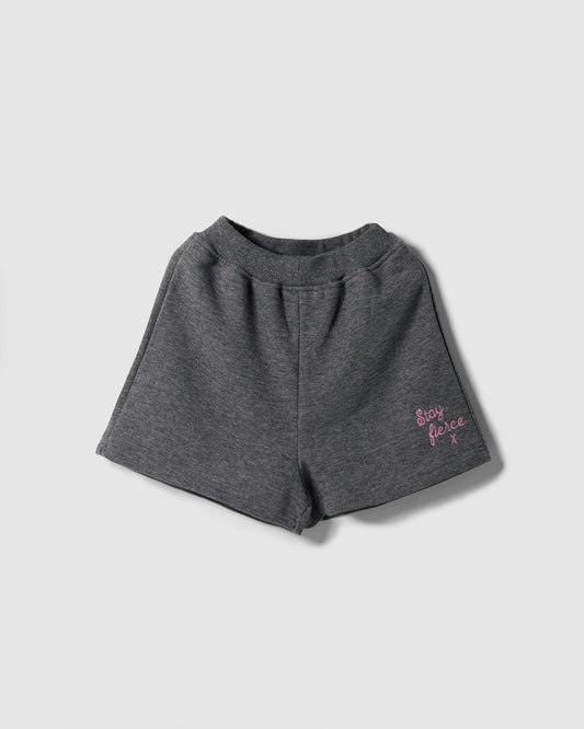 Grey “Stay Fierce” shorts in pink Embroidery