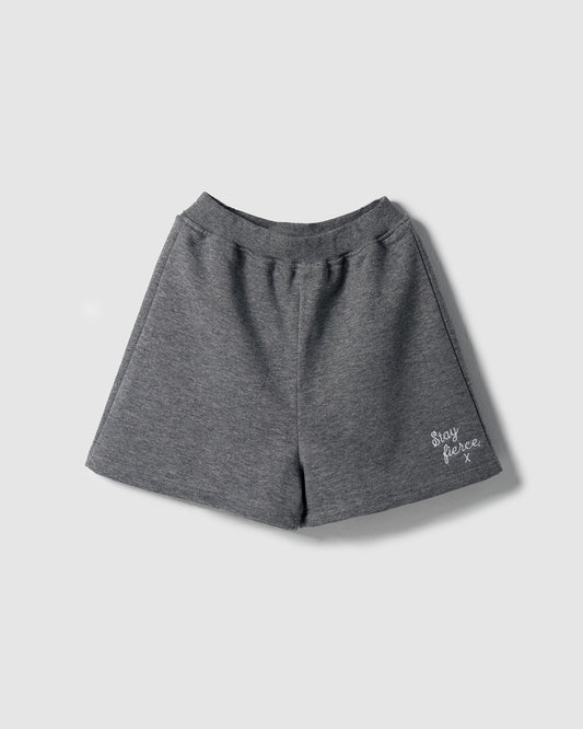 Grey “Stay Fierce” shorts in white Embroidery