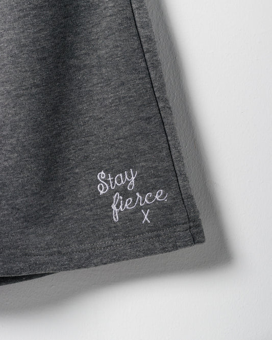 Grey “Stay Fierce” shorts in white Embroidery