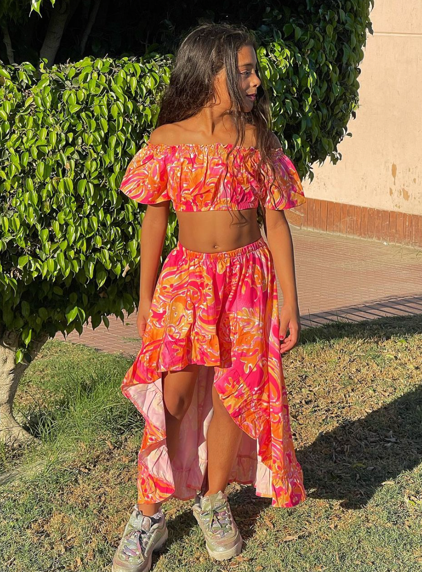 Orange Off Shoulder High Low Skirt Set