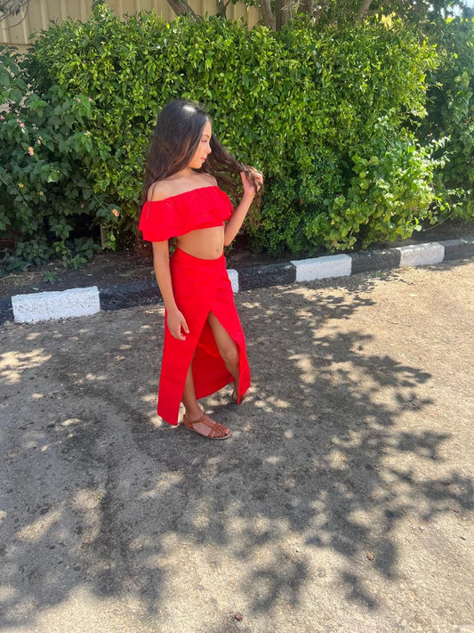 Red Off Shoulder Ruffle Set